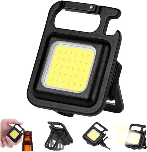 Lampe de camping portable mini 800 lumens, lampe de travail rechargeable COB, lampe de poche étanche porte-clés avec ouvre-bouteille et base magnétique, pour camping/urgence/réparation