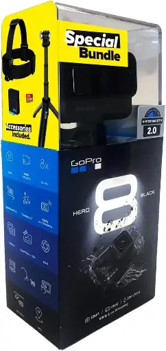 Pack GoPro HERO8 Black (édition retail) — comprend la caméra HERO8 Black, le Shorty (mini-perche/trépied), une sangle de tête, une carte SD de 32 Go et batteries rechargeables
