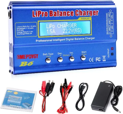 Chargeur d'équilibrage B6 pour batteries LiPo 80W 6A avec fonction déchargeur pour batteries NiMH/NiCd (1-15S), LiPo/Li-ion/LiFe (1-6S) - Chargeur d'équilibrage pour batteries RC Hobby avec alimentation secteur AC