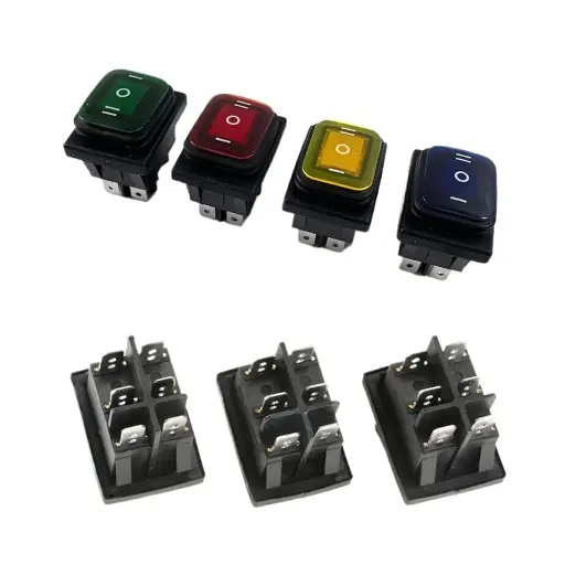 Interrupteur à bascule étanche KCD4-203 – 16 A 250 V AC – Format 30 × 22 mm – 6 broches DPDT – 3 positions ON/OFF/ON – LEDs rouge et verte intégrées (12 V / 220 V)
