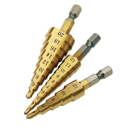 Lot de 3 pièces 3-12 mm / 4-12 mm / 4-20 mm de mèches étagées en acier rapide HSS à rainure droite, revêtement titane, fraises pour trous dans bois et métal, ensemble d'outils de perçage conique