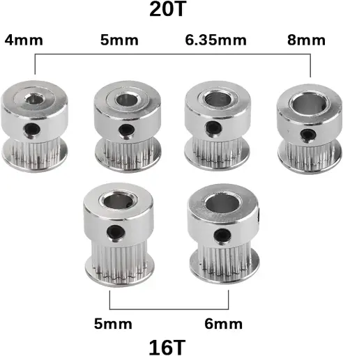 Poulie GT2 à 20 dents en aluminium, avec un alésage au choix de 4, 5, 6,35 ou 8 mm.